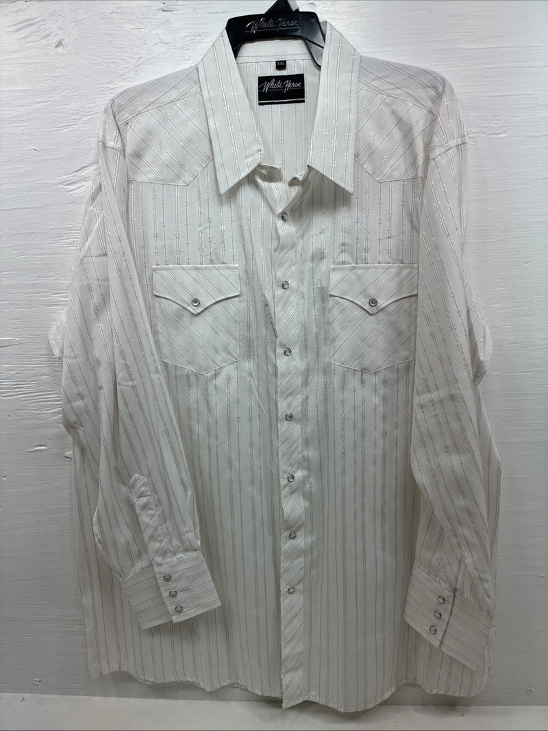 New Men’s White Horse White Stripe Western Long Sleeve Pearl Snap 2XL H-47