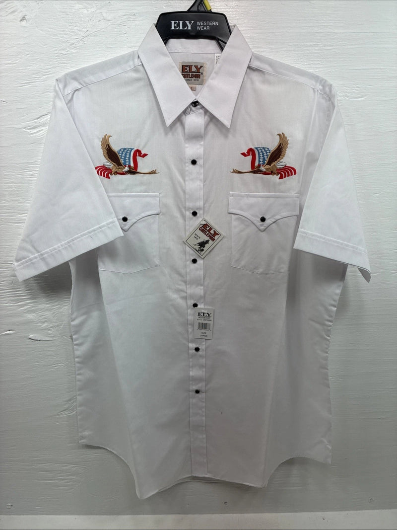 New Men’s ELY Cattleman White Eagle Designed Long Sleeve Pearl Snap Large T-64