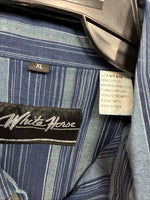 New Men’s White Horse Blue Green Stripe Long Sleeve Pearl Snap XL H-66