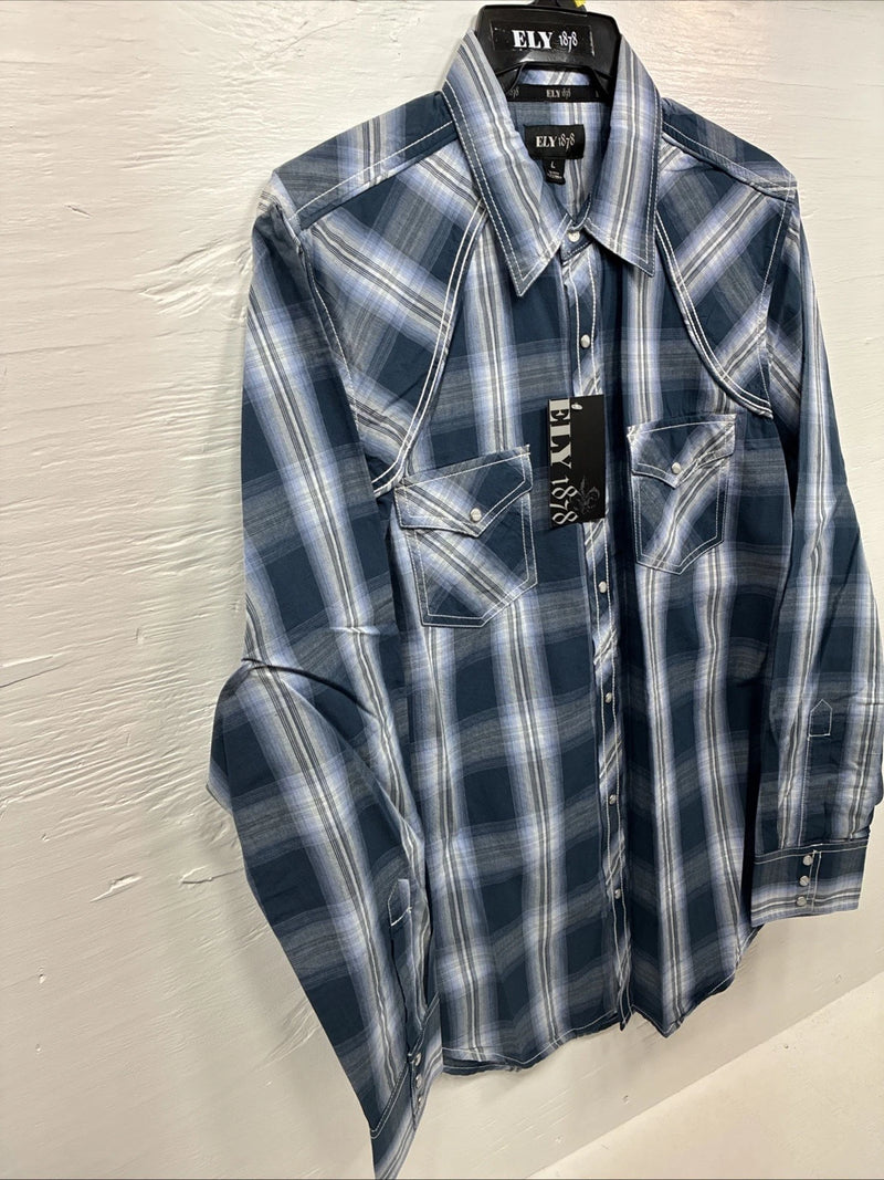 New Men’s ELY 1878 Blue Gray Plaid Long Sleeve Pearl Snap Large V-30 