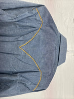 New Men’s Blue Jean Yellow Design Long Sleeve Pearl Snap 16.5 X 34 Large V-95