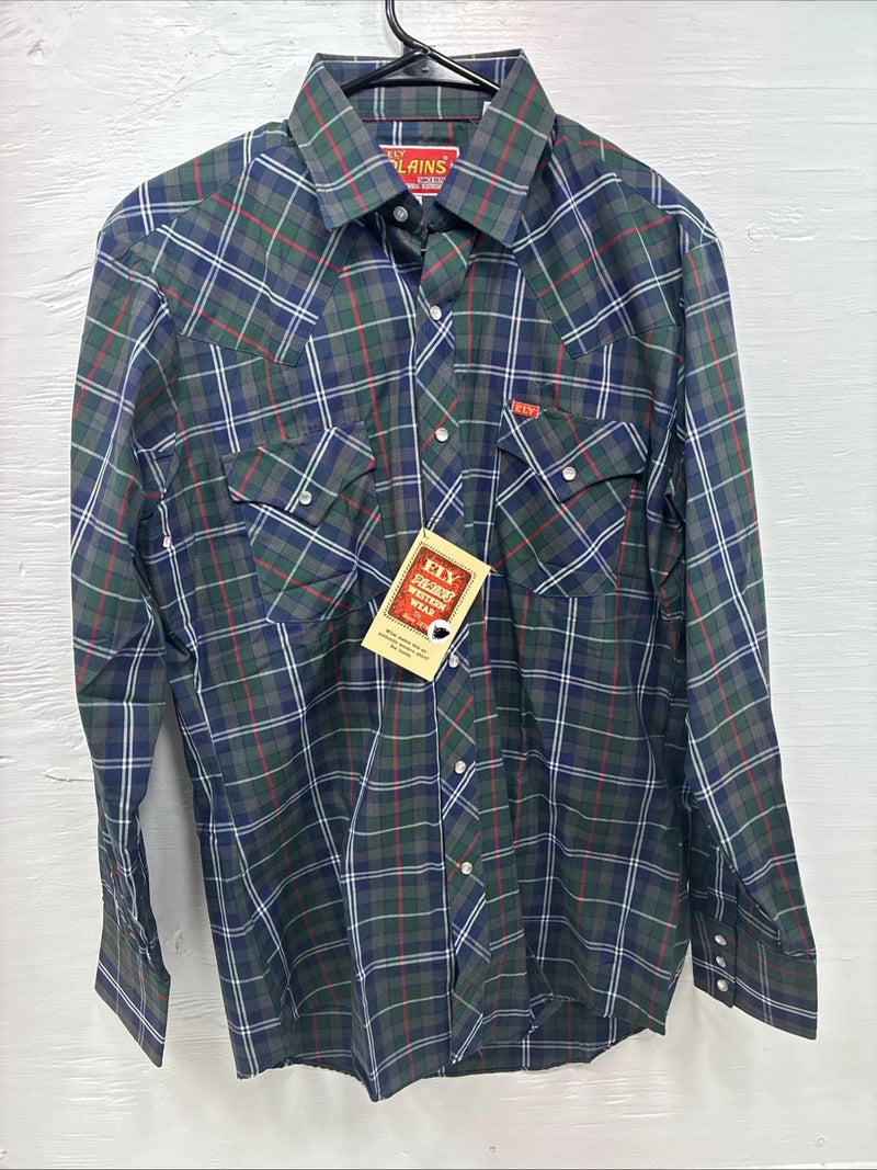 New Men’s ELY Plains Blue Green Plaid Long Sleeve Pearl Snap 15.5 Medium R-30