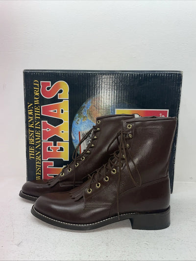 New Men’s Brown Lace Up Texas Brand Cowboy Boots. 8721 9.5 9 1/2 D. 5-44