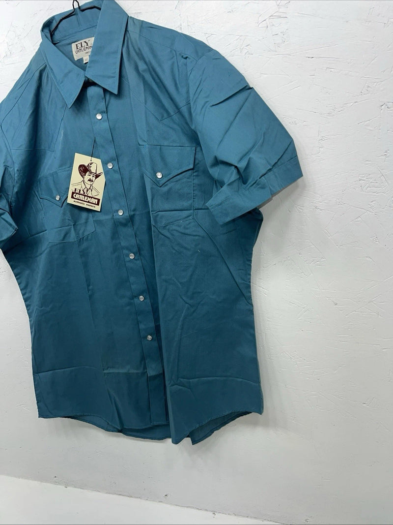New Mens Blue Short Sleeve ELY cattleman Pearl Snap Shirt. 18.5 2XL G-76