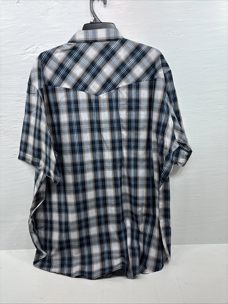 New Men’s ELY Cattleman Blue Tan Flannel Short Sleeve Pearl Snap 4XL E-68