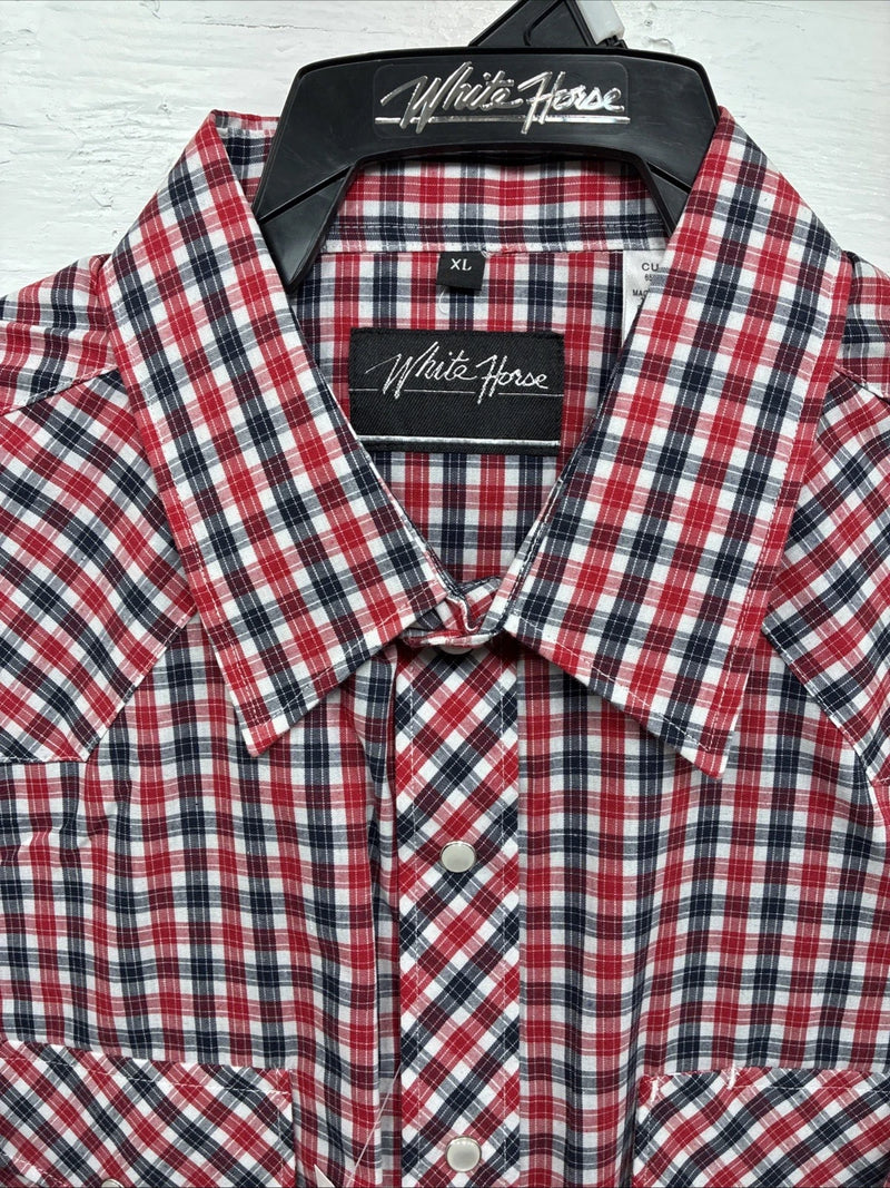 New Men’s White Horse Red Plaid Long Sleeve Pearl Snap XL J-25