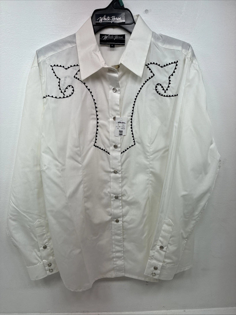 New Women’s White Horse Cream Designed Long Sleeve Pearl Snap XL DD-109