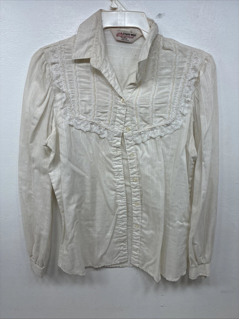 New Women’s Stage West White Pearl Long Sleeve Button Up Size Medium YY-75