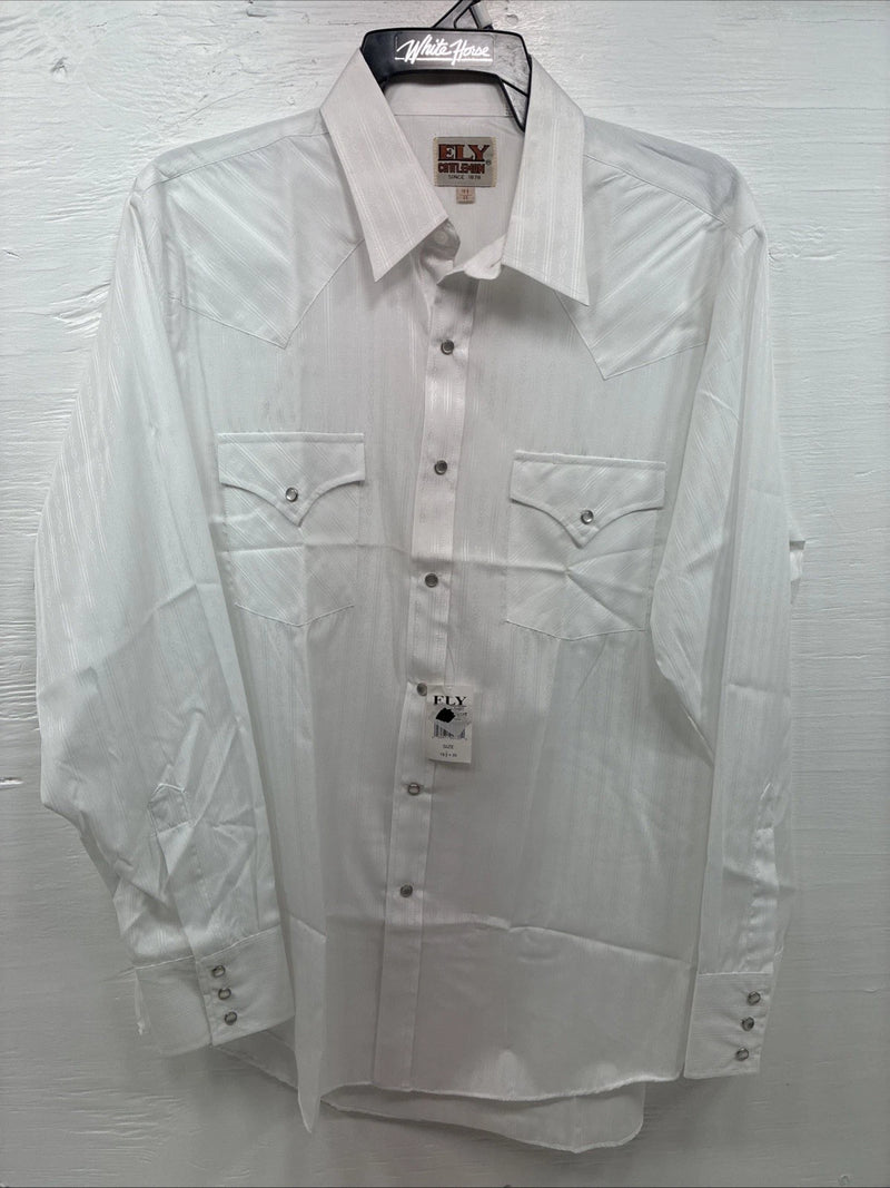 New Men’s ELY Cattleman White Designed Long Sleeve Pearl Snap 16.5 Large Q-102