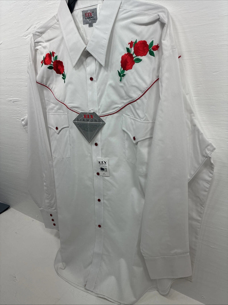 New Men’s ELY diamond White Rose Long Sleeve Pearl Snap 3XL F-53
