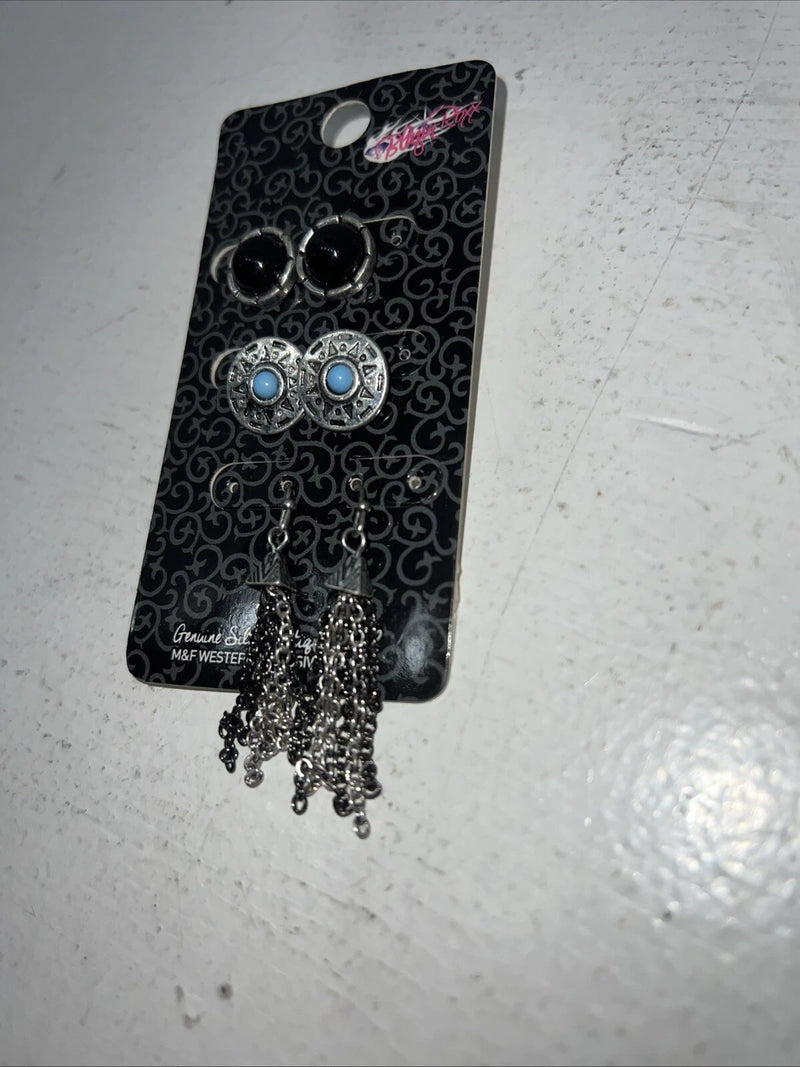 New Women’s Blazin Roxx Set Of 3 Earrings. Black Turquoise Silver. 30686 A-86