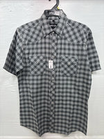 New Men’s White Horse Gray White Plaid Short Sleeve Pearl Snap Large X-39