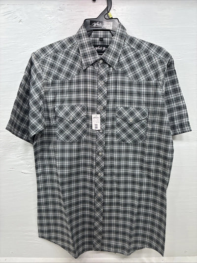 New Men’s White Horse Gray White Plaid Short Sleeve Pearl Snap Large X-39
