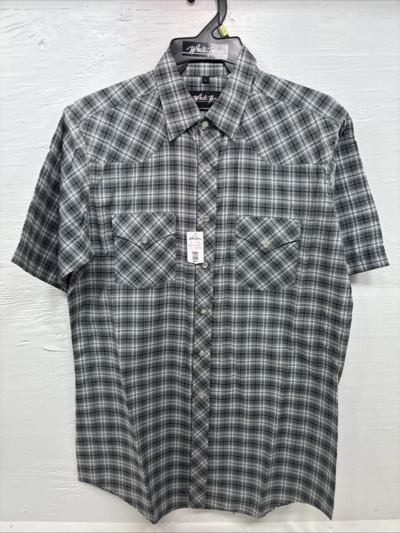 New Men’s White Horse Gray White Plaid Short Sleeve Pearl Snap Large X-39