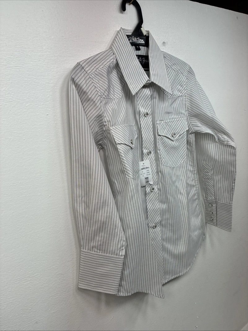 New Boys White Horse Grays Stripe Long Sleeve Pearl Snap Medium DD-119