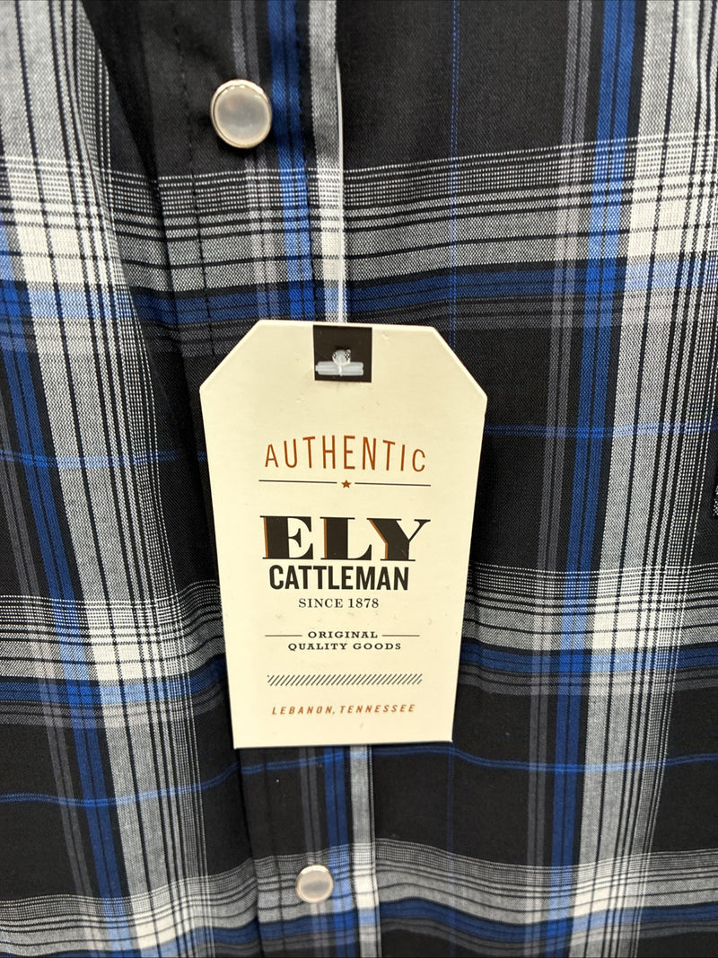 New Men’s ELY Cattleman Black Blue Flannel Long Sleeve Pearl Snap 4XL Tall E-88