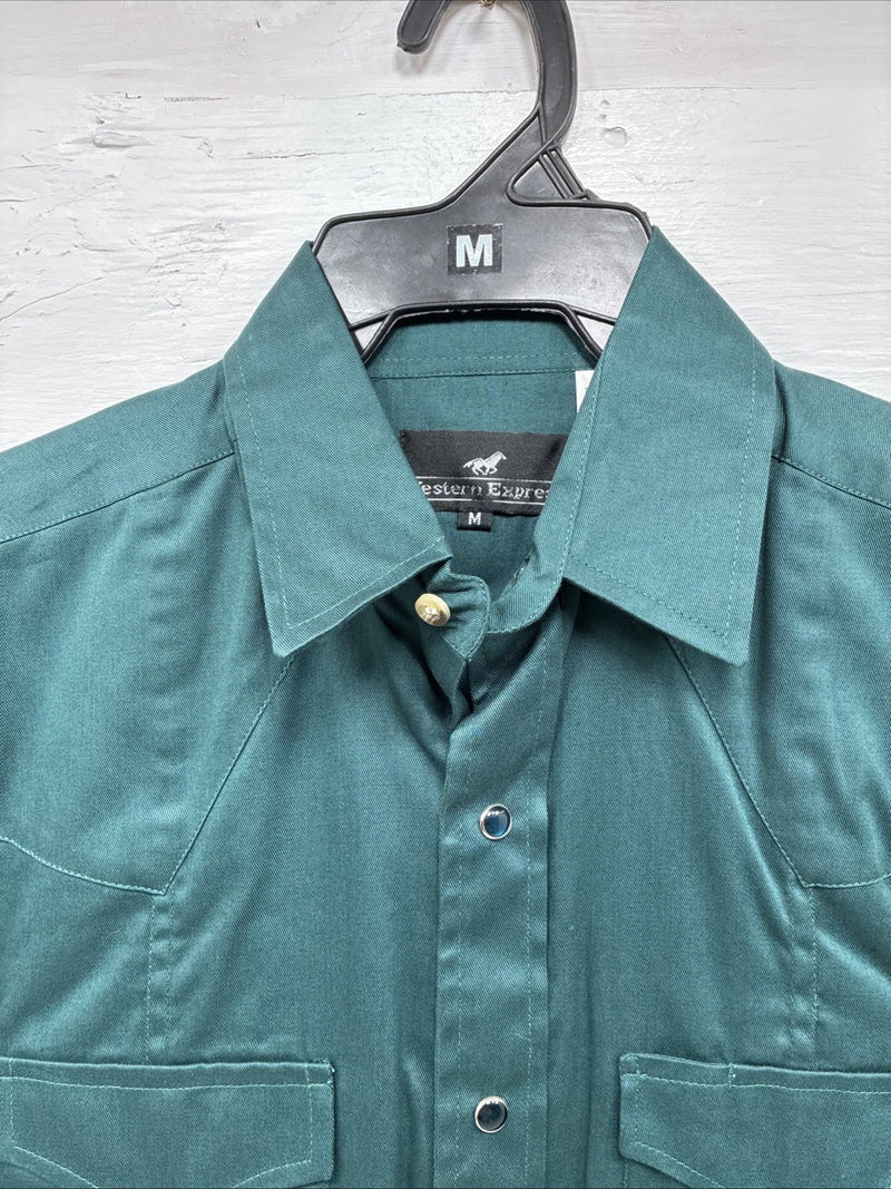 New Men’s Western Express Green Long Sleeve Pearl Snap Medium K-37