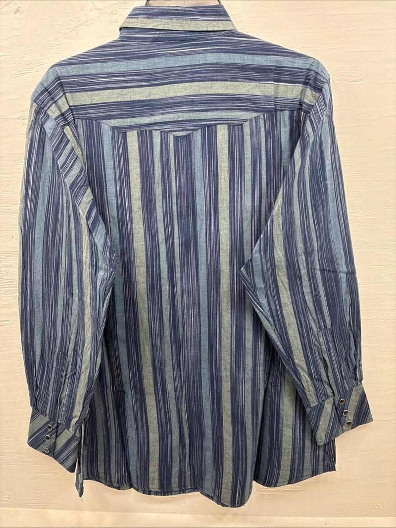New Men’s White Horse Blue Green Stripe Long Sleeve Pearl Snap XL H-66