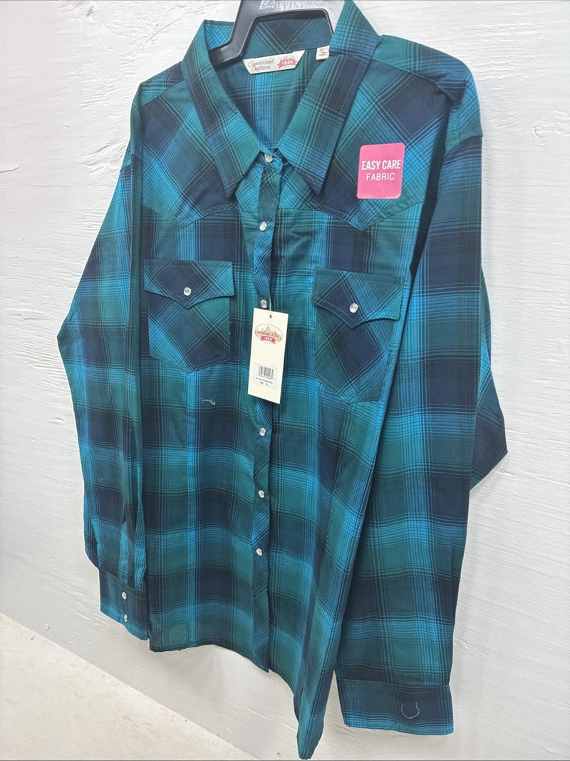 New Girls Cumberland Blue Plaid Long Sleeve Pearl Snap 3XL CC-112