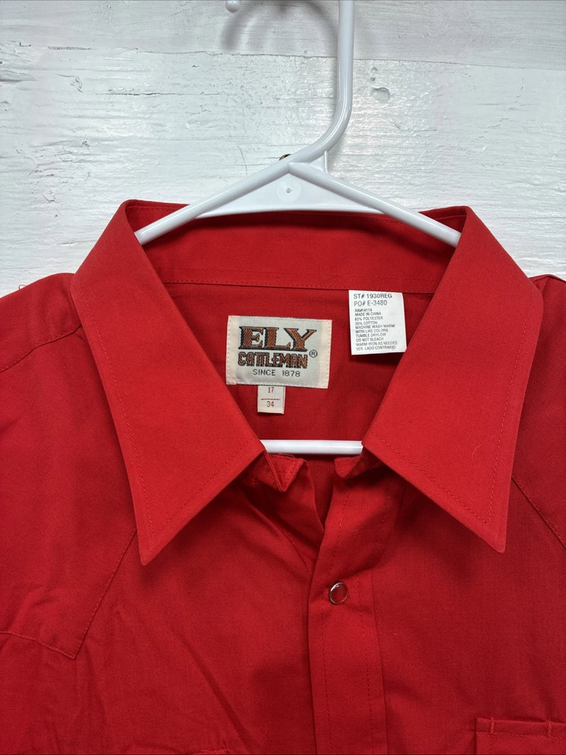 New Men’s ELY Cattleman Simple Red Long Sleeve Pearl Snap 17 X 34 XL T-3