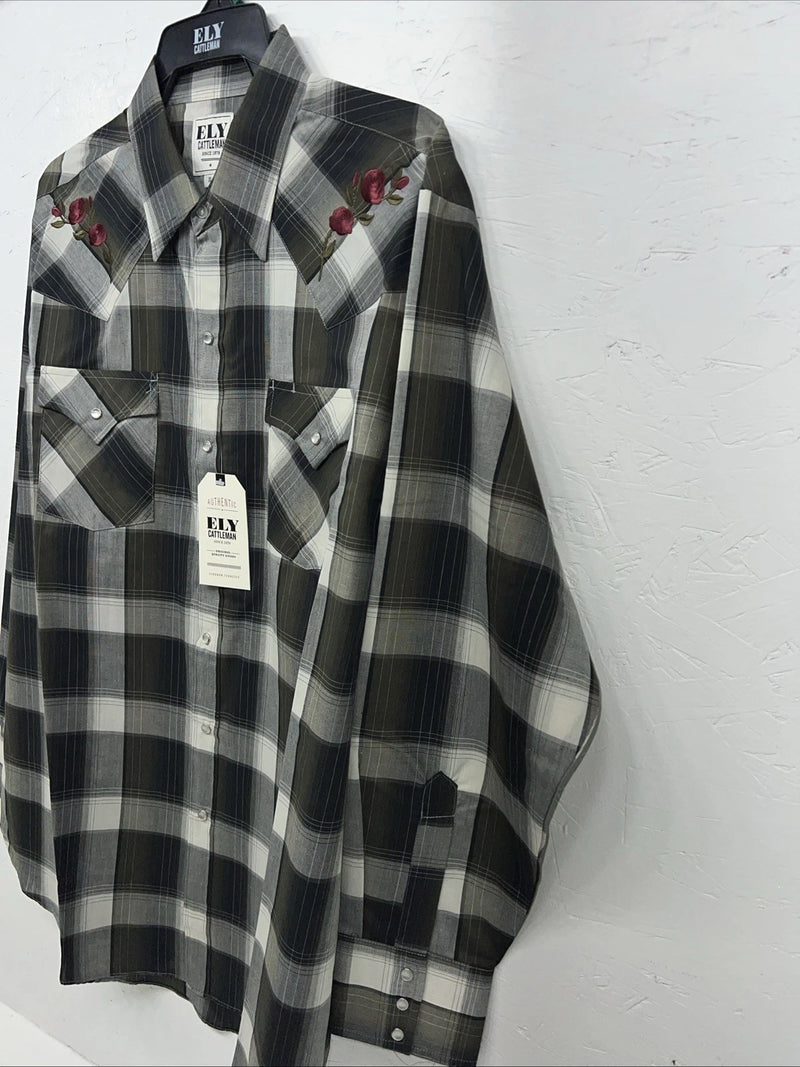New Men’s ELY Cattleman Green Black Plaid Long Sleeve Pearl Snap Shirt XL S-17