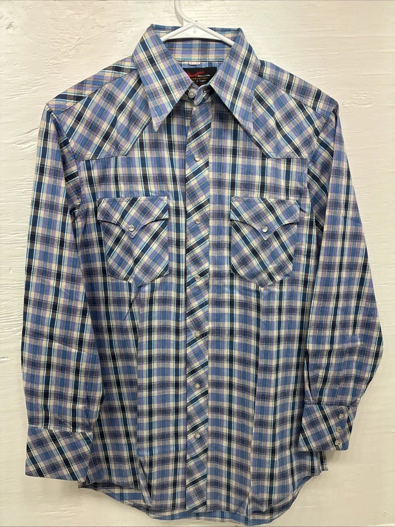 New Men’s Champion Western Purple Plaid Long Sleeve Peal Snap 15 Medium M-44