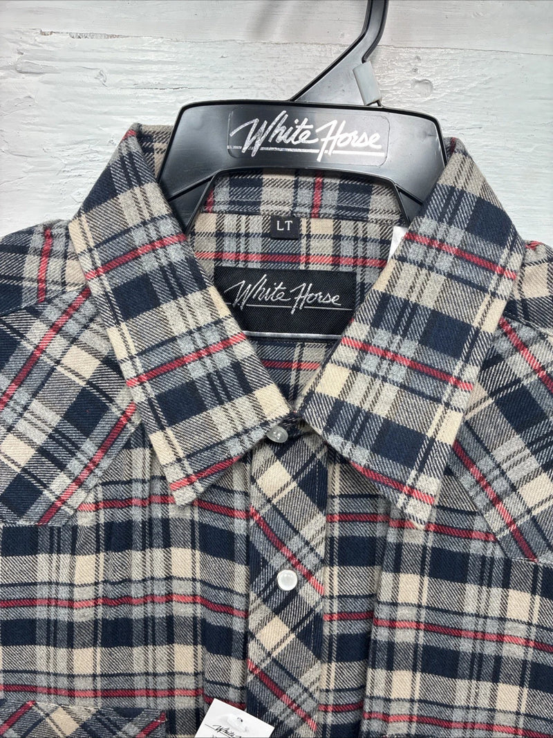 New Men’s White Horse Brown Blue Plaid Long Sleeve Pearl Snap Large Tall X-74