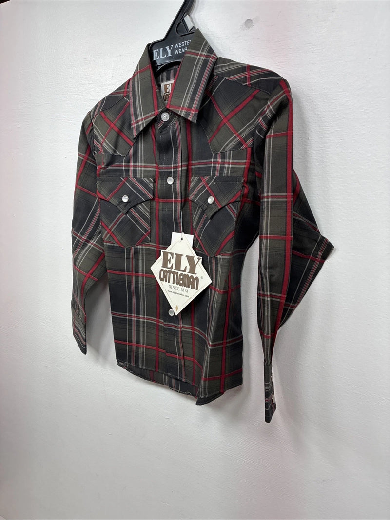 New Boys ELY Cattleman Green Plaid Long Sleeve Pearl Snap XS DD-128
