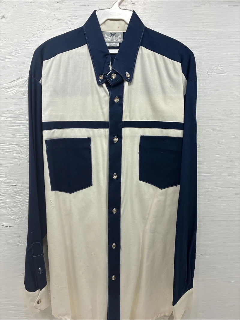 New Men’s Cowboy Threads White Blue Long Sleeve Button Up Large J-53