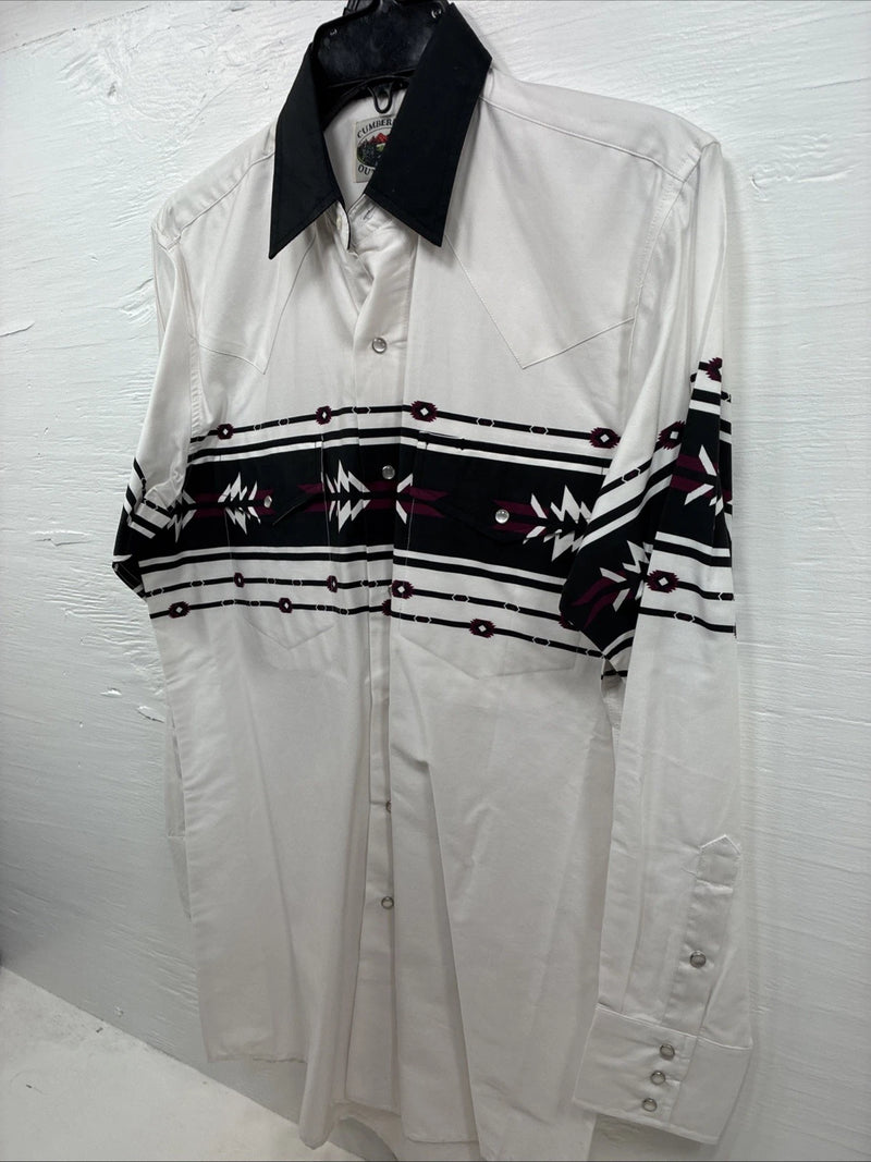 New Men’s Cumberland White Black Design Long Sleeve Pearl Snap Medium K-54