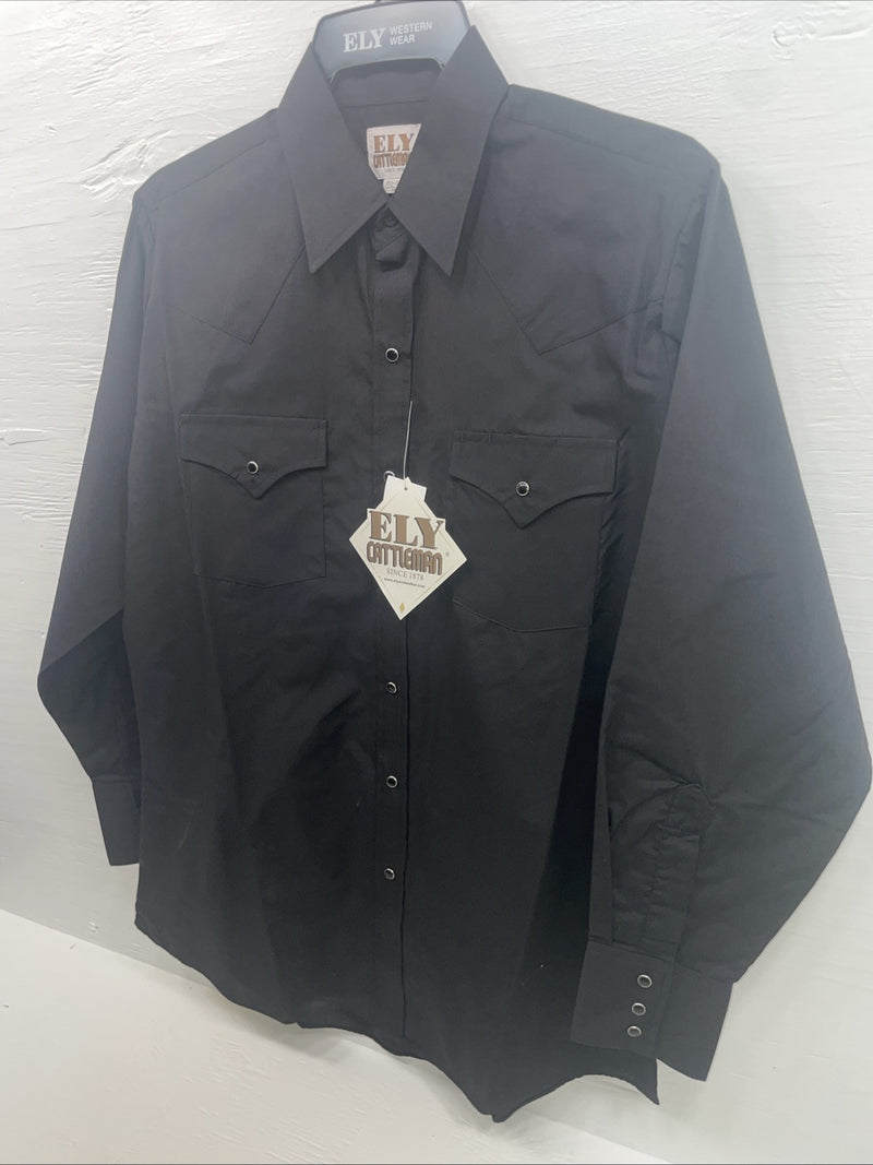 New Men’s ELY Cattleman Black Long Sleeve Pearl Snap 15.5 X 33 Medium B-112