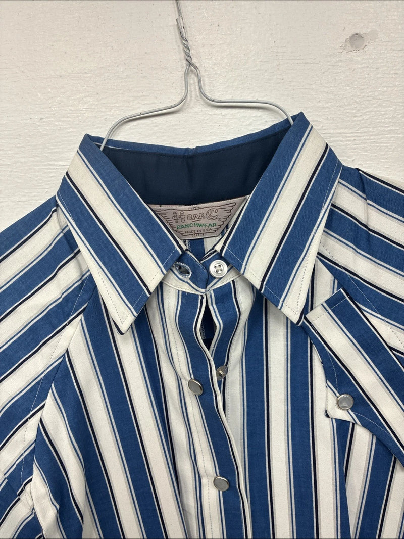New Women’s H Bar C Blue White Stripe Long Sleeve Pearl Snap Size 30 KK-48
