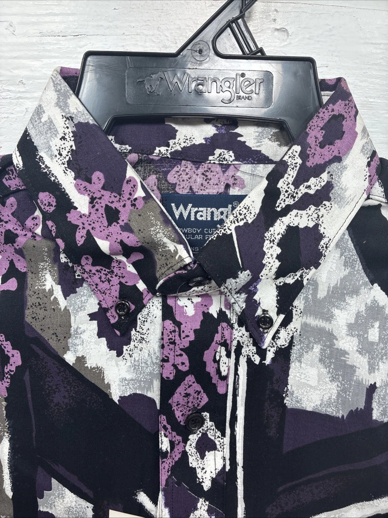 New Men’s Wrangler Black Purple Designed Long Sleeve Button Up Medium V-86