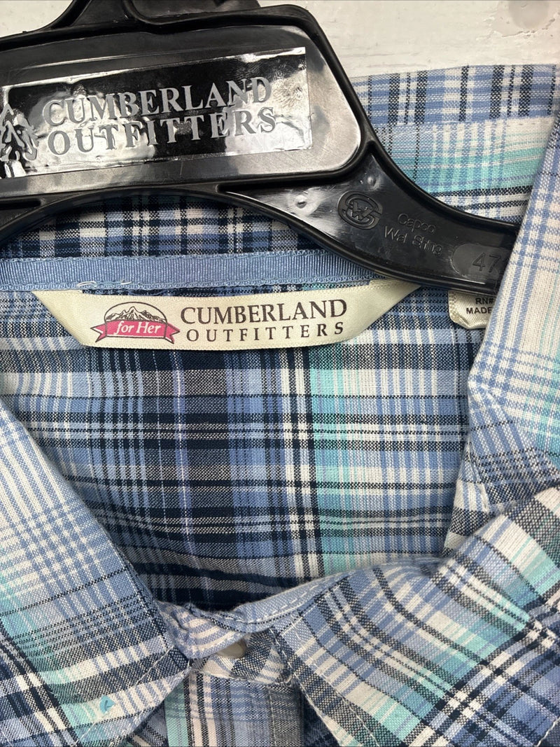 New Women’s Cumberland Blue Plaid Long Sleeve Pearl Snap 2XL GG-44