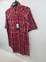 New Men’s ELY 1878 Red Black Plaid Short Sleeve Pearl Snap Large V-112