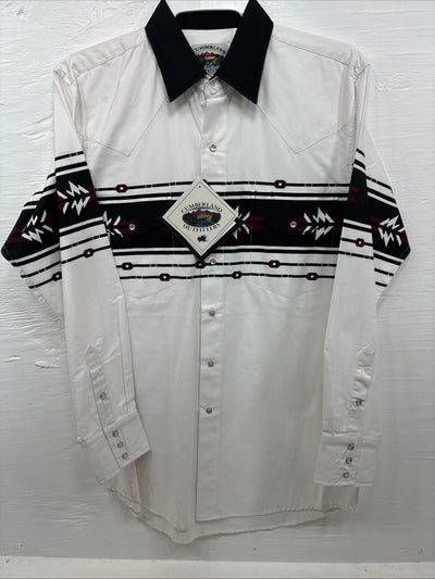 New Men’s Cumberland White Black Purple Long Sleeve Pearl Snap Medium K-26
