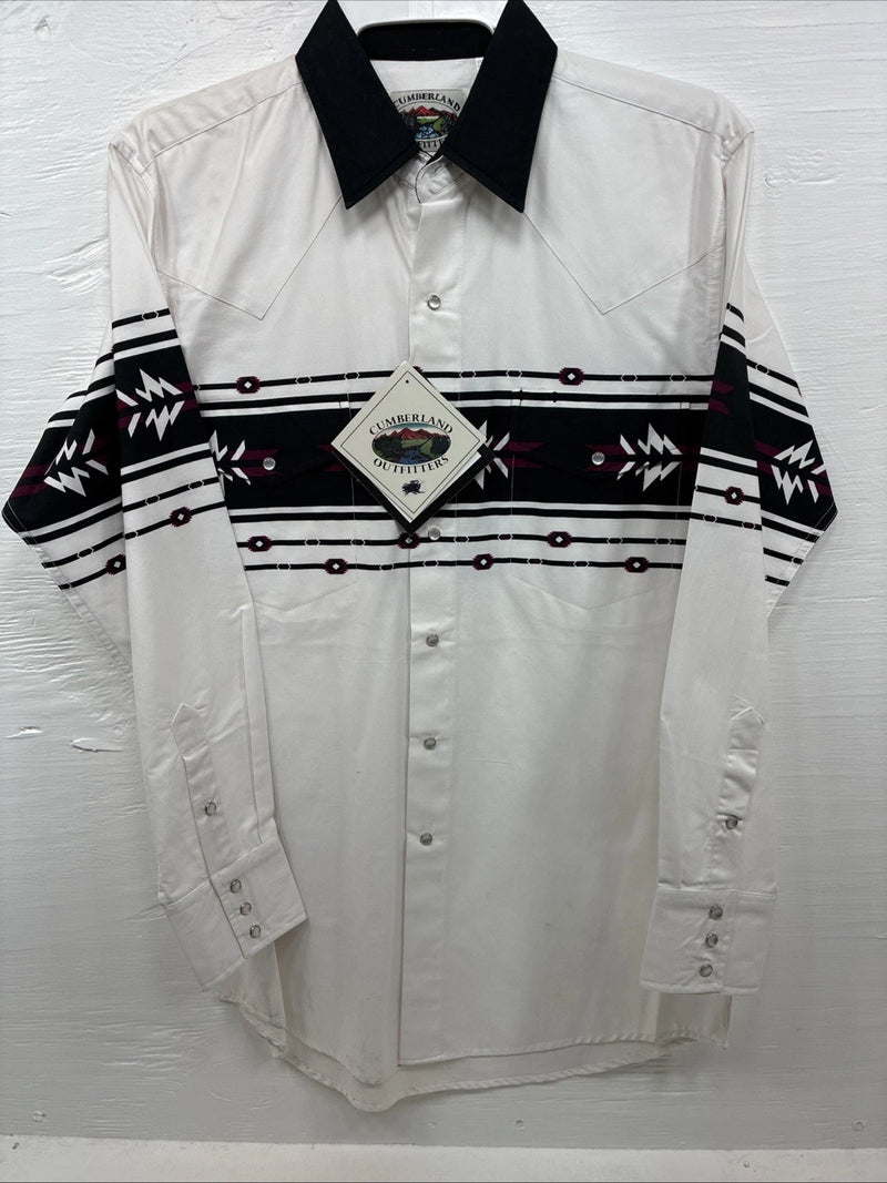 New Men’s Cumberland White Black Purple Long Sleeve Pearl Snap Medium K-26