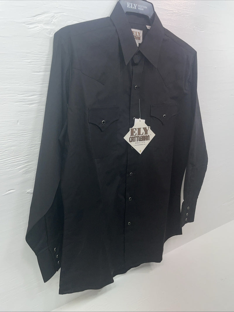New Men’s ELY Cattleman Black Long Sleeve Pearl Snap 15.5 X 33 Medium B-112