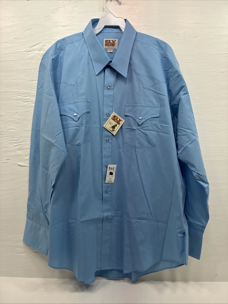 New Men’s ELY Cattleman Blue Simple Long Sleeve Pearl Snap XL F-86