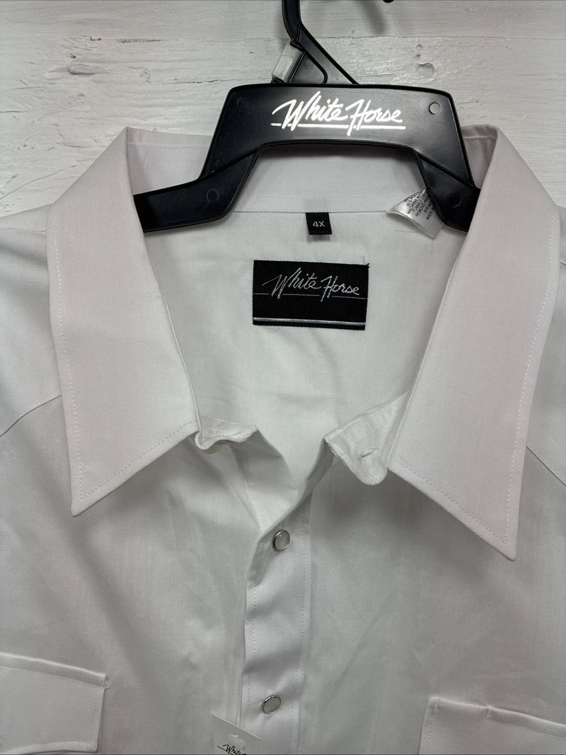 New Men’s White Horse White Long Sleeve Simple Pearl Snap 4XL J-48