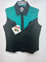 New Women’s Cumberland Blue Black Sleeveless Pearl Snap Medium YY-130