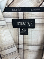 New Men’s ELY 1878 Brown White Plaid Long Sleeve Pearl Snap 2XL R-27