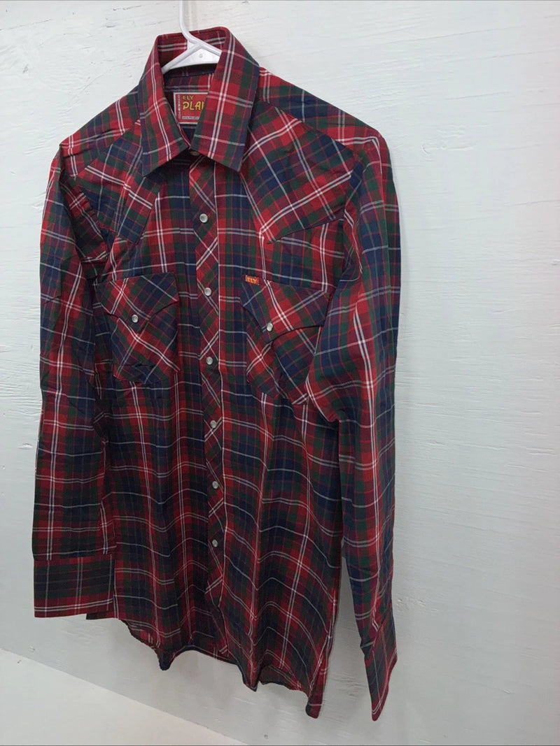 New Men’s ELY Plains Red Plaid Long Sleeve Pearl Snap 14.5 X 33 Small AA-92