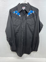 New Men’s ELY Diamond Black Blue Rose Design Long Sleeve Pearl Snap Medium K-35
