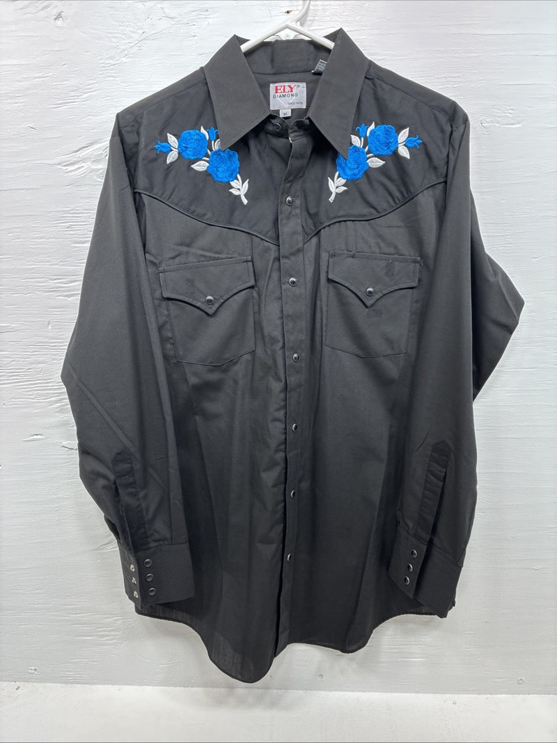 New Men’s ELY Diamond Black Blue Rose Design Long Sleeve Pearl Snap Medium K-35