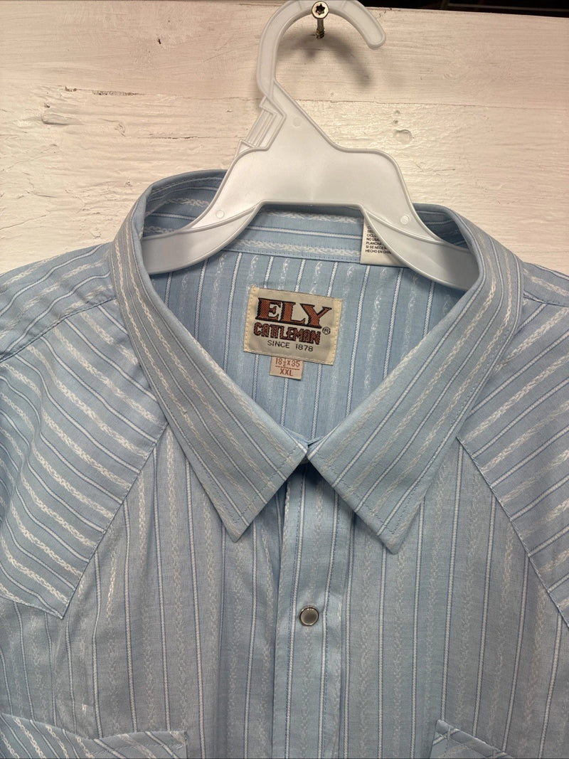 New Men’s ELY Cattleman Blue White Stripe Long Sleeve Pearl Snap 18.5 2XL O-27