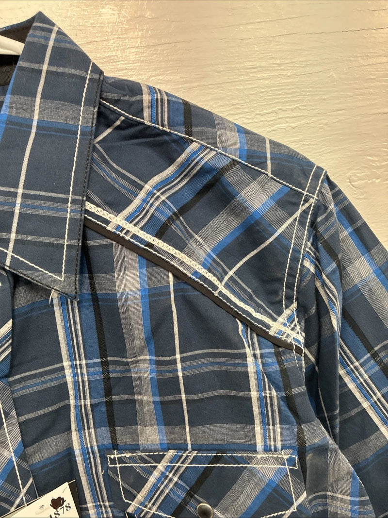 New Men’s ELY 1878 Blue Gray Plaid Short Sleeve Pearl Snap Large X-45