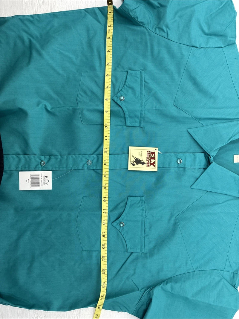New Men’s ELY Cattleman Teal Short Sleeve Pearl Snap Shirt 17 XL X-107
