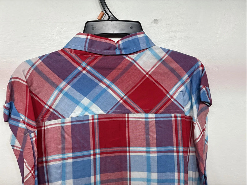 New Women’s Cumberland Red Blue Plaid short Sleeve Button Up Medium LL-51