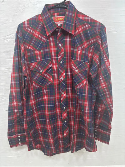 New Men’s ELY Plains Red Plaid Long Sleeve Pearl Snap 15.5 Medium T-80
